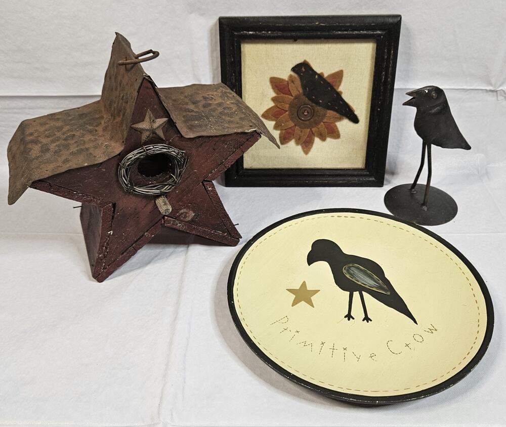 Primitive Crow Raven Folk Art Decor Lot 4 Farmhouse Birdhouse Plate Frame